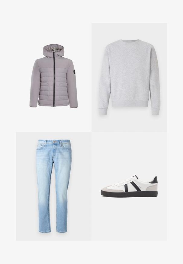 CLOSURE London CONTRAST JACKET - Χειμωνιάτικο μπουφάν - ice grey; Γκρίζα φούτερ από μαλακό ύφασμα, με στρογγυλή λαιμόκοψη, μακριά μανίκια και τριμμένα μανίκια και στρίφωμα. Απλός σχεδιασμός χωρίς λογότυπα ή μοτίβα.; Ανοιχτού μπλε τζιν παντελόνι με ευθεία γραμμή, στυλ πέντε τσεπών και χάλκινο κουμπί στη μέση. Φθαρμένη υφή προς το κάτω μέρος.; Λευκό αθλητικό παπούτσι με μαύρες και γκρί λεπτομέρειες, featuring ένα υφή γκρί καλύμμα δαχτύλου, μαύρη καουτσούκ σόλα και επίπεδες λευκές κορδόνες. Καθαρός σχεδιασμός, μινιμαλιστικό στυλ.