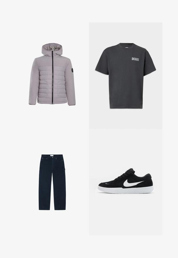 CLOSURE London CONTRAST JACKET - Veste d'hiver - ice grey; T-shirt noir à manches courtes Dickies avec col rond et petit logo blanc sur le côté gauche de la poitrine, sur fond uni.; Pantalon noir à jambes droites avec poches avant et arrière, passants de ceinture et une boucle latérale pour outils, posé à plat sur un fond blanc.; Baskets en suède noires avec accents blancs, dotées d'une pointe arrondie, d'une semelle blanche épaisse et de lacets noirs. Logo Nike blanc bien visible sur le côté.