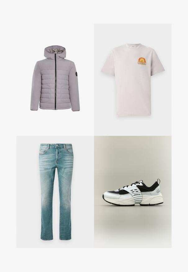 CLOSURE London CONTRAST JACKET - Veste d'hiver - ice grey; T-shirt en coton gris clair avec col rond, arborant un graphisme coloré "Lone Château Replay" en orange et bleu sur la poitrine.; Jeans en denim bleu clair avec une coupe droite, cinq poches, un léger délavage, et une fermeture à bouton classique à la taille.; Baskets basses blanches et noires avec des empiècements en mesh et cuir, semelle épaisse, et bride côtelée au milieu du pied marquée « Jordan » sur un fond neutre.