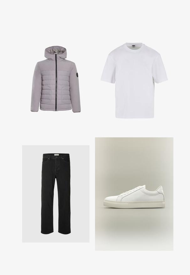 CLOSURE London CONTRAST JACKET - Veste d'hiver - ice grey; T-shirt blanc à manches courtes en coton. Il présente un col rond et une coupe décontractée. Texture lisse, design minimaliste, sans motifs ni accents.; Des jeans en denim noir à coupe droite disposent d'un design classique à cinq poches avec fermeture à bouton, de coutures minimales et d'une texture douce.; Vagabond PAUL 2.0 - Baskets basses - white