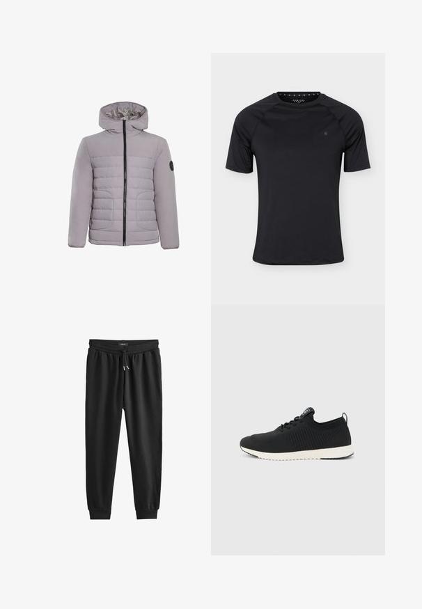 CLOSURE London CONTRAST JACKET - Veste d'hiver - ice grey; T-shirt de sport noir à manches courtes avec col rond et petit logo sur la poitrine gauche, présenté sur un fond clair uni.; Pantalons de survêtement noirs en tissu doux, dotés d'une taille élastique avec cordon de serrage, jambes effilées et bords côtelés aux chevilles.; Baskets en maille noire avec semelle blanche, devant à lacets, boucle au talon et motif de grip texturé sous la semelle, vues de côté.