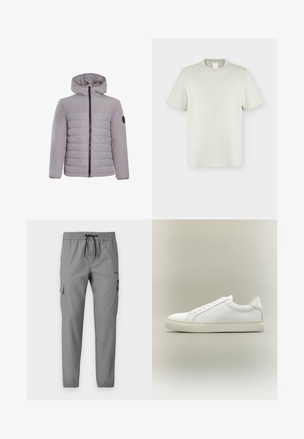 CLOSURE London CONTRAST JACKET - Χειμωνιάτικο μπουφάν - ice grey; Εκρού κοντομάνικη μπλούζα με στρογγυλή λαιμόκοψη, μικρό κεντρικό λογότυπο Calvin Klein στο στήθος και ορατή ετικέτα στο εσωτερικό του γιακά.; Γκρι παντελόνι φόρμας με ελαστική μέση, κορδόνι και πλαϊνές τσέπες καρότσας. Κατασκευασμένο από ελαφρύ ύφασμα με λείο φινίρισμα.; Λευκό sneaker χαμηλού τύπου με κορδόνια μπροστά και χοντρή σόλα, εμφανίζεται από το πλάι σε ουδέτερο φόντο.