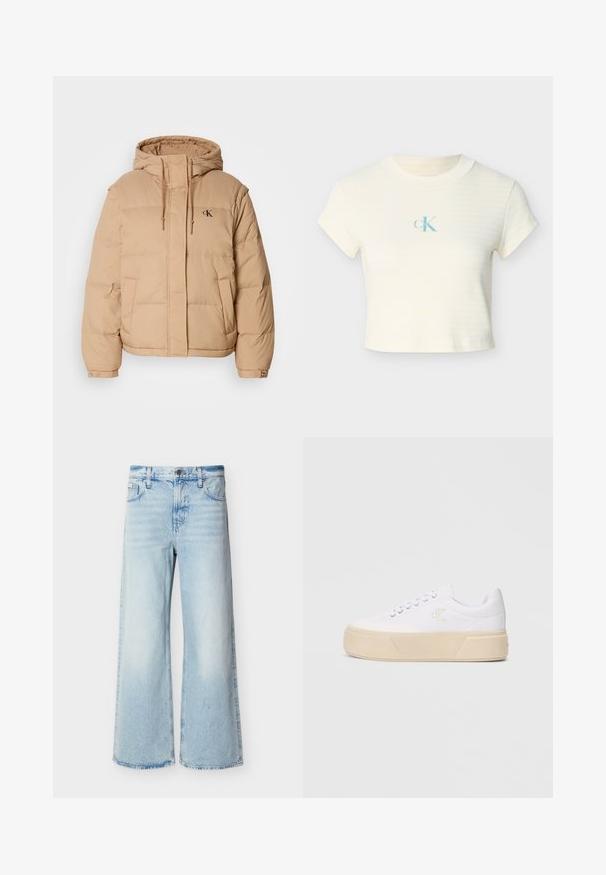 Doudoune beige avec capuche, dotée d'une fermeture éclair à l'avant, de deux poches latérales et d'un petit logo sur la poitrine gauche. Texture douce et matelassée.; T-shirt crème raccourci avec de fines rayures jaunes, texture côtelée, et un logo bleu clair centré sur la poitrine. Manches courtes et col rond.; Jean taille haute bleu clair à jambes larges avec poches avant, passants de ceinture et fermeture par bouton.; Baskets blanches en toile avec une semelle plateforme beige épaisse, présentant un logo brodé discret sur le côté et un design classique à lacets.