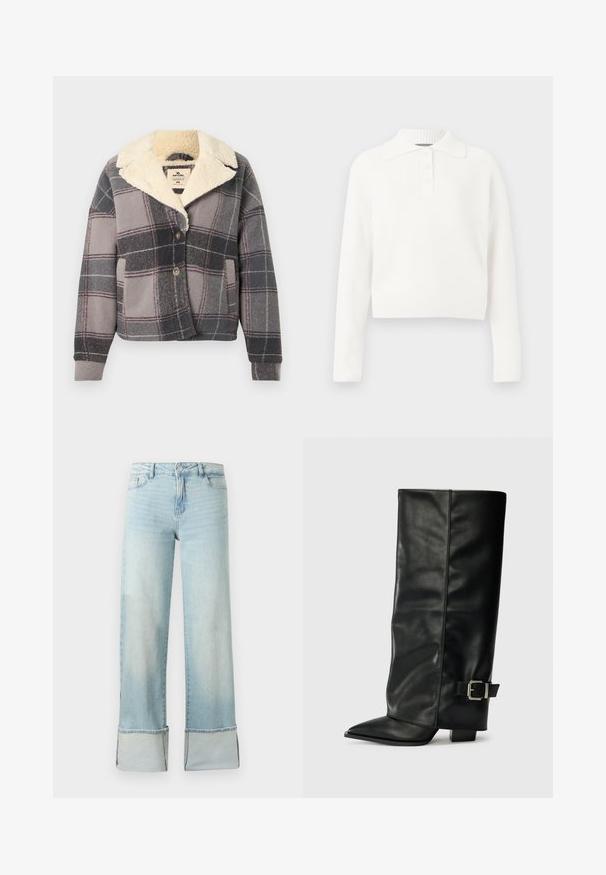 Veste à carreaux avec col en fausse fourrure, présentant des tons gris, noir et rose. Fermeture par boutons et poches latérales, fabriquée en tissu doux et texturé.; Pull en maille côtelée blanc à manches longues avec col et patte de boutonnage à trois boutons, présentant un design court et une texture douce.; Jean en denim bleu clair avec jambes larges et grands revers aux ourlets, doté d'une fermeture éclair avant, d'un bouton et de poches avant.; Bottes noires en cuir longueur cheville avec un bout pointu, texture lisse et une accent en boucle argentée sur le côté. Talon carré épais.