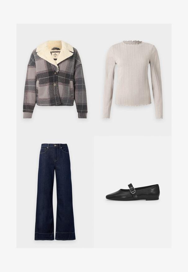 Καρό σακάκι με ψεύτικη γούνα στο γιακά, με αποχρώσεις γκρι, μαύρου και ροζ. Κλείνει με κουμπιά και διαθέτει πλαϊνές τσέπες, κατασκευασμένο από απαλό, υφή ύφασμα.; Μακρυμάνικη μπλούζα σε ανοιχτό μπεζ με ριπ υφή. Διαθέτει λαιμόκοψη με σκαφτό σχέδιο και διακριτική λάμψη σε όλο το ύφασμα.; Σκούρες μπλε φαρδιές τζιν παντελόνες φτιαγμένες από τζιν ύφασμα. Διαθέτουν κούμπωμα με κουμπί, ραφές και πλαϊνές τσέπες. Φαρδύ στρίφωμα στο κάτω μέρος.; Μαύρο δερμάτινο φλατ παπούτσι με στρογγυλή μύτη, μία ρυθμιζόμενη αγκράφα και λεία, γυαλιστερή υφή. Μινιμαλιστικός σχεδιασμός με χαμηλό τακούνι.