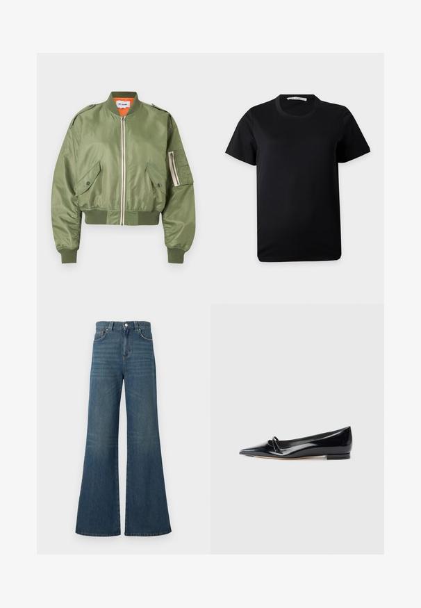 Blouson aviateur vert olive avec fermeture éclair à l'avant, deux poches à rabat avec bouton-pression, poignets et ourlet côtelés, et poche zippée sur la manche gauche, doublure orange.; T-shirt noir uni à manches courtes et col rond, posé à plat sur un fond blanc avec une étiquette de marque visible à l'intérieur du col.; Jean large en denim bleu avec une taille haute. Comprend cinq poches, un devant avec bouton et fermeture éclair, et un léger délavage du tissu.; Chaussure plate en cuir verni noir avec un bout pointu, une petite lanière décorative et un petit talon carré. Texture lisse et design épuré.