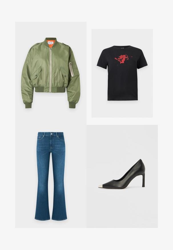 Blouson aviateur vert olive avec fermeture éclair à l'avant, deux poches à rabat avec bouton-pression, poignets et ourlet côtelés, et poche zippée sur la manche gauche, doublure orange.; T-shirt noir à manches courtes avec un graphisme rouge d'un cupidon tenant un arc et une flèche, centré sur la poitrine.; Jean en denim bleu avec une taille mi-haute, fermeture avant par bouton et zip, cinq poches, et jambes légèrement évasées.; Chaussure à talon haut en cuir noir avec bout pointu et capuchon argenté métallique. Présente une finition lisse et un talon fin de 10 cm.