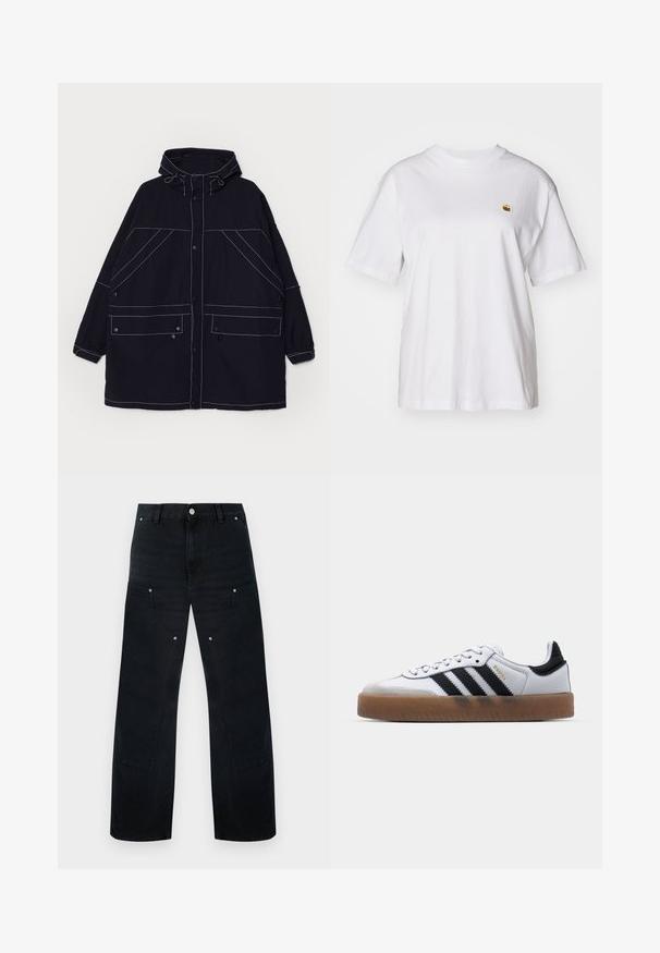Chaqueta con capucha color navy hecha de un tejido ligero, con costuras blancas visibles, dos bolsillos frontales y cordones ajustables en la capucha.; Camisa de algodón blanca con corte relajado, mangas cortas y un pequeño logotipo bordado en el área del pecho izquierdo.; Pantalones de mezclilla negros de pierna ancha con cintura alta, con costuras discretas, dos bolsillos delanteros y detalles de herrajes metálicos.; Zapatillas de cuero blancas con rayas negras, suela de goma, puntera redonda, cierre de cordones y caperuza de ante gris suave.