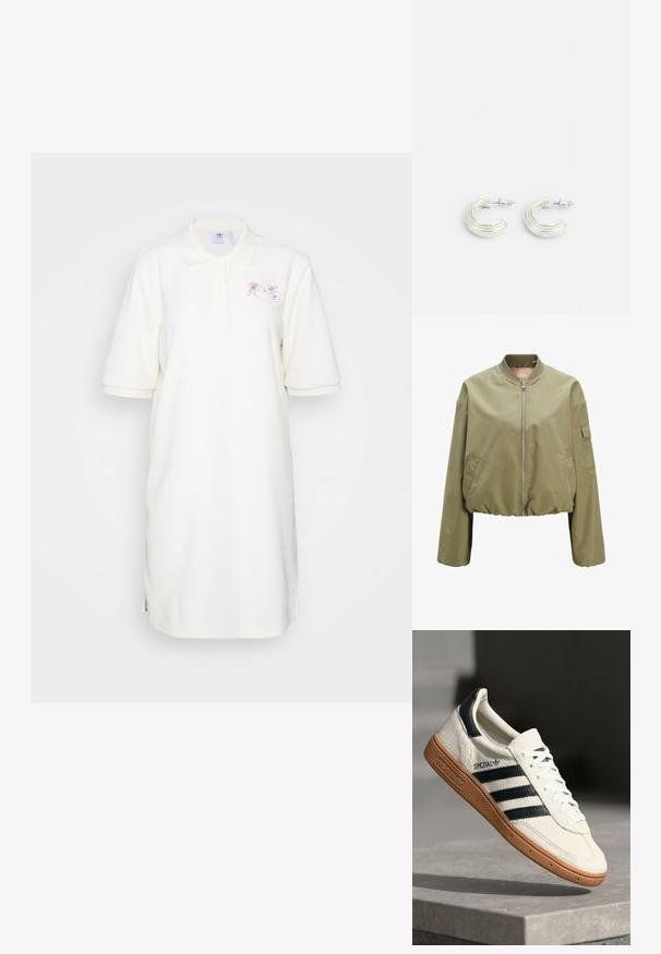 Svetlo olivovo zelená bomber bunda s celým predným zipsom, rebrovaným golierom, bočnými vreckami a malým klopovým vreckom na ľavom rukáve.; adidas Originals DRESS - Denné šaty - cream white; Biele semišové tenisky s námorníckymi pruhmi, gumovou podrážkou, textúrovaným zvrškom, okrúhlou špičkou a šnurovaním; obsahujú označenie na boku a jazyku.; Strieborné náušnice v dizajne skrúteného krúžku, s textúrovaným povrchom a drážkovanými detailmi, zabezpečené pomocou klipsne.
