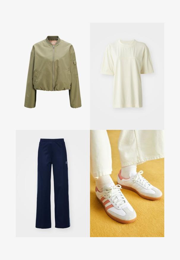 Cazadora bomber verde oliva clara con cremallera completa en la parte delantera, cuello de canalé, bolsillos laterales y un pequeño bolsillo con solapa en la manga izquierda.; Camiseta de algodón color crema con cuello redondo, mangas cortas y logo "adidas" en relieve en el pecho. Textura suave y corte relajado.; Pantalones de chándal de mezcla de algodón en color marino con diseño de pierna ancha, cinturilla elástica y bolsillos con cremallera, con franjas laterales blancas y detalle de logotipo.; Zapatillas deportivas blancas con acentos en rosa, materiales de ante y cuero, punta redonda y suela de goma, mostradas con calcetines de color claro sobre un fondo amarillo.