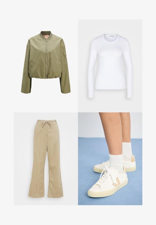Lys olivengrøn bomberjakke med fuld lynlås foran, ribbet krave, sidelommer og en lille klaplomme på venstre ærme.; Selected SLFDIANNA O NECK - Langærmet T-shirt - bright white; Beige corduroy brede benbukser med snor i taljen, der har ribbet tekstur og en afslappet pasform. Ingen synlige lommer eller hardware detaljer.; Hvide sneakers med brune detaljer, rund tå og hvide snørebånd. Båret sammen med ribbede hvide strømper, sat mod en lys blå baggrund.