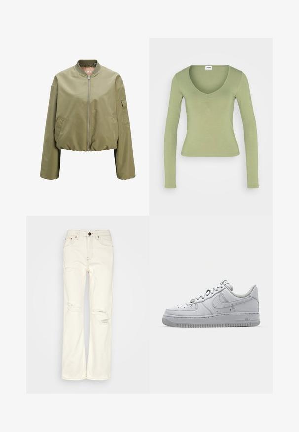Lys olivengrøn bomberjakke med fuld lynlås foran, ribbet krave, sidelommer og en lille klaplomme på venstre ærme.; Cotton On LOLA ROUCHED FRONT LONG SLEEVE TOP - Langærmet T-shirt - cool khaki; BDG Urban Outfitters STRAIGHT - Jeans Straight Leg - ecru; Hvid lædersneaker med lavt design, rund tå, perforerede detaljer og en tekstureret gummisål. Har grå accenter på tungen.