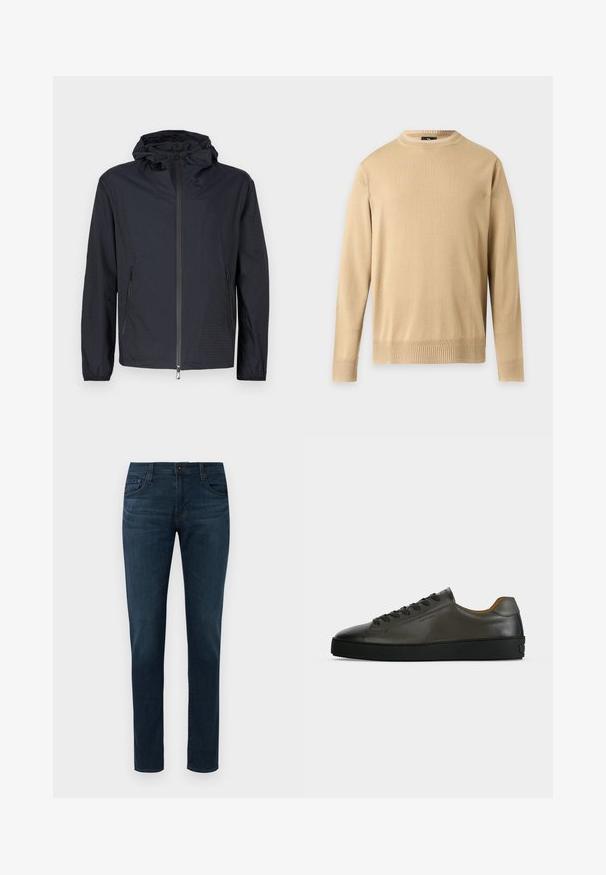 Veste noire légère avec une finition texturée, une fermeture éclair intégrale à l'avant, une capuche ajustable avec cordon et des poches latérales zippées.; Pull beige à manches longues avec col rond, bordures côtelées aux poignets et à l'ourlet, présenté sur un fond gris clair uni.; Jean slim-fit bleu foncé avec cinq poches, bouton à l'avant et fermeture éclair, présenté sur un fond blanc.; Basket basse en cuir gris foncé avec lacets et semelle noirs, design minimaliste, profil latéral sur un fond clair uni.