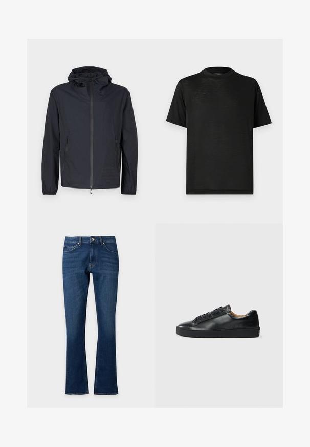 Veste noire légère avec une finition texturée, une fermeture éclair intégrale à l'avant, une capuche ajustable avec cordon et des poches latérales zippées.; T-shirt noir à manches courtes avec un col montant, présentant une texture lisse et une légère brillance, fabriqué en tissu léger. Aucun logo visible.; Jeans en denim bleu foncé avec une légère évasement, fermeture à boutons et zip devant, et design classique à cinq poches.; Baskets en cuir noir avec une texture lisse, bout rond et fermeture à lacets. Comprend une semelle en caoutchouc épaisse et un minimum de détails de marque.