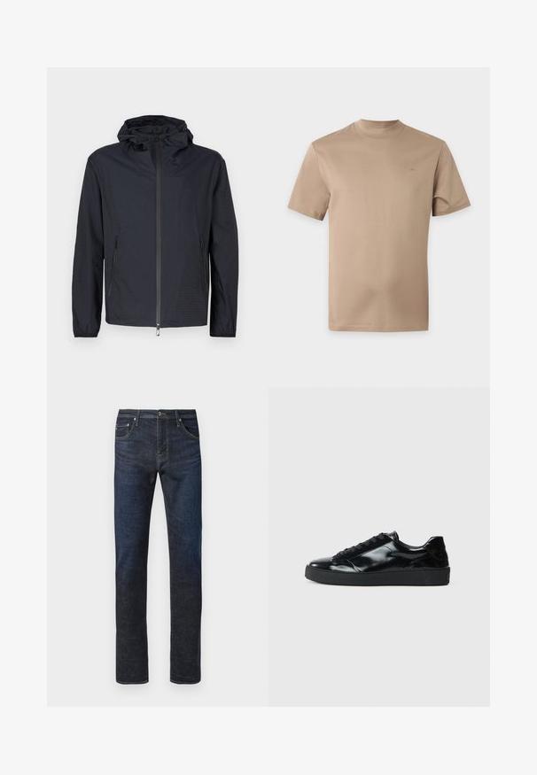 Veste noire légère avec une finition texturée, une fermeture éclair intégrale à l'avant, une capuche ajustable avec cordon et des poches latérales zippées.; T-shirt beige à manches courtes avec col rond et un petit logo subtil sur la poitrine gauche, présenté sur un fond uni.; Jean en denim droit bleu marine avec bouton frontal, couture visible et design à cinq poches sur fond blanc.; Baskets en cuir verni noir avec un bout arrondi, un laçage, une semelle en caoutchouc texturé et une finition lisse.