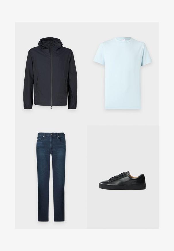 Lightweight black jacket with a textured finish, a full zip front, adjustable drawstring hood, and zippered side pockets.; Light blue short-sleeve T-shirt made of soft cotton. Features a classic crew neckline and minimalistic design, with no patterns or accents.; Dark blue denim jeans with a straight leg design, featuring a classic five-pocket layout and metal button closure. Smooth texture.; Black leather sneaker with a smooth texture, round toe, and lace-up closure. Features a thick rubber sole and minimal branding detail.