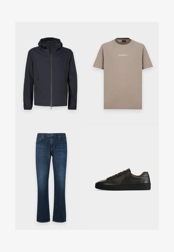 Veste noire légère avec une finition texturée, une fermeture éclair intégrale à l'avant, une capuche ajustable avec cordon et des poches latérales zippées.; T-shirt en coton marron avec manches courtes et col rond. Présente un col marron foncé contrastant et un logo "EMPORIO ARMANI" blanc.; Jean en denim bleu foncé avec une coupe droite, cinq poches et une fermeture à bouton en métal. Texture lisse avec un léger dégradé.; Baskets basses en cuir marron foncé avec semelle en caoutchouc noire, lacets à l'avant et design minimaliste épuré sur fond clair.