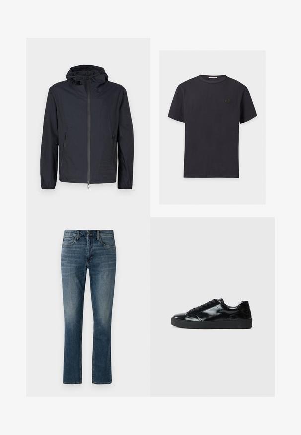 Veste noire légère avec une finition texturée, une fermeture éclair intégrale à l'avant, une capuche ajustable avec cordon et des poches latérales zippées.; T-shirt noir uni à manches courtes avec col rond, orné d'un petit patch logo rond noir sur le côté gauche de la poitrine.; Jeans en denim bleu foncé à jambe droite. Les caractéristiques comprennent des poches avant, une fermeture à bouton et un léger délavage près des cuisses.; Baskets en cuir verni noir avec un bout arrondi, un laçage, une semelle en caoutchouc texturé et une finition lisse.