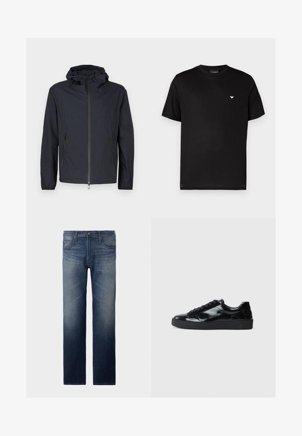 Veste noire légère avec une finition texturée, une fermeture éclair intégrale à l'avant, une capuche ajustable avec cordon et des poches latérales zippées.; T-shirt en coton noir avec un col rond. Présente un petit logo doré sur le côté gauche de la poitrine. Manches courtes et ourlet droit.; Jean droit en denim bleu foncé. Comprend cinq poches, une fermeture éclair et un bouton. Texture légèrement décolorée au niveau des cuisses. Tissu en denim.; Baskets en cuir verni noir avec un bout arrondi, un laçage, une semelle en caoutchouc texturé et une finition lisse.