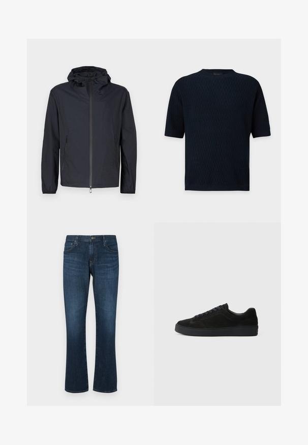 Veste noire légère avec une finition texturée, une fermeture éclair intégrale à l'avant, une capuche ajustable avec cordon et des poches latérales zippées.; Haut tricoté bleu marine foncé à manches courtes avec motif zigzag texturé et encolure ronde, poignets et ourlet côtelés.; Jean en denim bleu foncé avec une coupe droite, cinq poches et une fermeture à bouton en métal. Texture lisse avec un léger dégradé.; Basket en suède noire avec une semelle plate et texturée, un bout rond, six œillets pour les lacets et un design minimaliste.