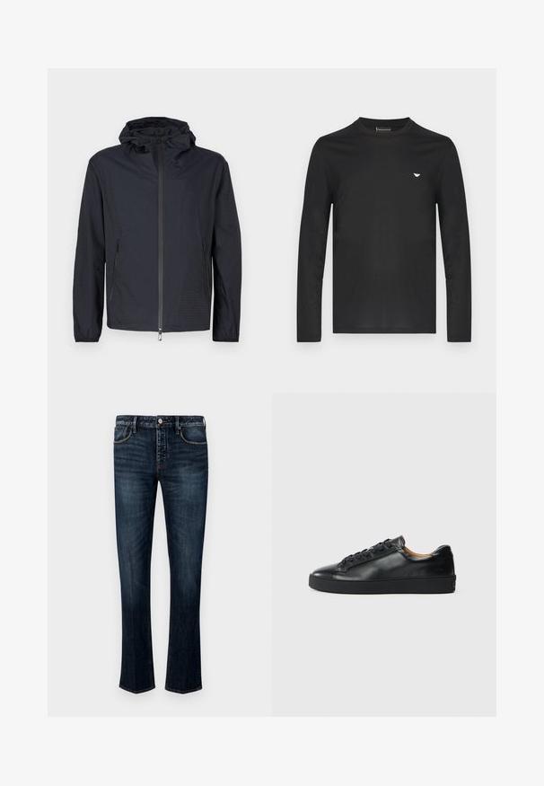 Veste noire légère avec une finition texturée, une fermeture éclair intégrale à l'avant, une capuche ajustable avec cordon et des poches latérales zippées.; T-shirt noir à manches longues en coton. Doté d'un col rond et d'un petit logo doré sur la poitrine gauche. Texture lisse, coupe ajustée.; Jean en denim bleu foncé avec une coupe droite, présentant un style à cinq poches, des coutures visibles, et une fermeture à bouton et à glissière.; Baskets en cuir noir avec une texture lisse, bout rond et fermeture à lacets. Comprend une semelle en caoutchouc épaisse et un minimum de détails de marque.