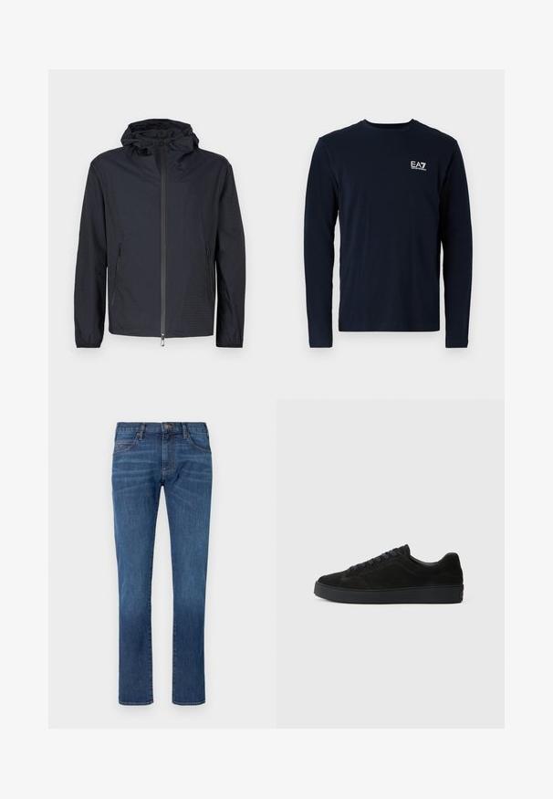 Veste noire légère avec une finition texturée, une fermeture éclair intégrale à l'avant, une capuche ajustable avec cordon et des poches latérales zippées.; T-shirt à manches longues en coton de couleur marine, avec un col rond et un petit logo EA7 blanc sur la poitrine gauche. Texture lisse.; Jean en denim bleu coupe droite, doté d'un design classique à cinq poches et d'une fermeture à boutons. Décoloration subtile sur la texture du tissu.; Basket en suède noire avec une semelle plate et texturée, un bout rond, six œillets pour les lacets et un design minimaliste.