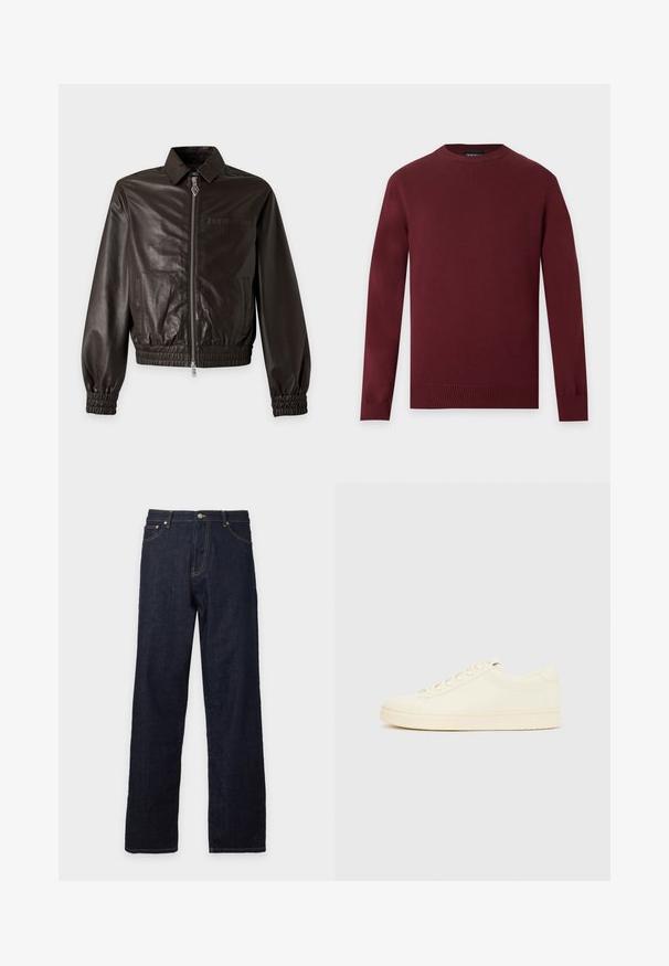 Dunkelbraune Lederjacke mit Frontreißverschluss, Kragen, elastischen Bündchen und Taschen auf beiden Seiten sowie auf der Brust vor einfarbigem Hintergrund.; Langärmliger, weinroter Pullover mit Rundhalsausschnitt, gerippten Bündchen und Saum, dargestellt auf einem einfarbigen hellgrauen Hintergrund.; Dunkelblaue Jeans mit geradem Bein, vorne mit Knopf- und Reißverschluss, Gürtelschlaufen und sichtbaren Nähten an Taschen und Nähten.; Cremefarbener Sneaker mit glattem Lederoberteil, abgerundeter Zehenpartie, Schnürung vorne und strukturierter Gummisohle. Minimalistisches Design, ohne Logos.