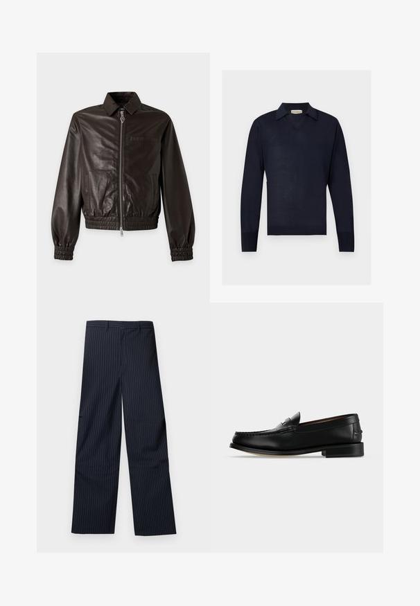 Dunkelbraune Lederjacke mit Frontreißverschluss, Kragen, elastischen Bündchen und Taschen auf beiden Seiten sowie auf der Brust vor einfarbigem Hintergrund.; Marineblauer Langarmpullover mit V-Ausschnitt und gerippten Bündchen, dargestellt auf einem flachen hellgrauen Hintergrund.; Marineblaue Nadelstreifen-Hose mit weitem Bein, Gürtelschlaufen, vorderen Taschen und geradem Saum vor einfachem Hintergrund.; Schwarzer Leder-Herrenschuh (Loafer) mit niedrigem Absatz und Mokassin-artiger Naht am Zehenbereich, seitlich auf einfarbigem Hintergrund dargestellt.