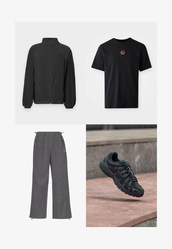 Schwarze Zip-Jacke mit hohem Kragen, gerippten Bündchen und strukturierter Stoffqualität. Verfügt über ein geprägtes Logo auf der Brust. Leichtes Design.; Schwarzes kurzärmeliges T-Shirt aus Baumwolle mit einem sechseckigen roten und weißen Nike-Logo auf der Brust und einem abgerundeten Ausschnitt.; Graue weit geschnittene Hose aus weichem Stoff. Verfügt über einen elastischen Bund, Seitentaschen und Reißverschlussabschlüsse. Einfaches Design mit minimaler Detailgestaltung.; Dunkelgrauer Nike Laufschuh mit Mesh- und Synthetikdesign, schwebt über einer rosa Betonfläche vor grauem Stein-Hintergrund.