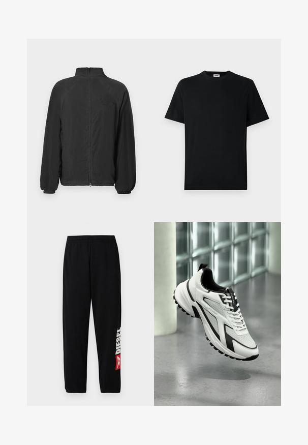 Schwarze Zip-Jacke mit hohem Kragen, gerippten Bündchen und strukturierter Stoffqualität. Verfügt über ein geprägtes Logo auf der Brust. Leichtes Design.; Schwarzes T-Shirt mit kurzem Arm und Rundhalsausschnitt, flach auf einem weißen Hintergrund liegend, mit einem kleinen Markenlabel im Kragen.; Schwarze Sweatpants mit elastischem Bund, ausgestattet mit einem großen weißen "DIESEL"-Logo und rotem Akzent am linken Bein. Weicher, glatter Stoff.; Weißer und schwarzer Calvin Klein Sportschuh mit strukturierter Sohle, Schnürung vorne und gebrandeter Zunge, der über einem polierten Betonboden schwebt.