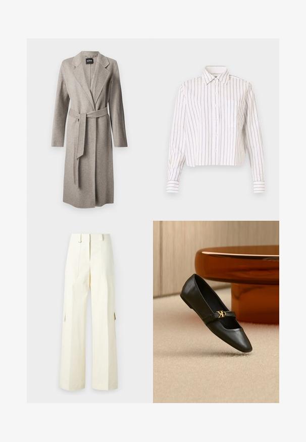 Abrigo de lana gris con mangas largas, solapas en pico y cinturón a juego. Presenta una textura suave y una apertura frontal sencilla.; Camisa de botones a rayas en blanco con finas rayas marrones. Cuenta con un cuello puntiagudo, mangas largas y un bolsillo en el pecho. Longitud corta.; Pantalones cargo de pierna ancha en tela de color crema claro, con bolsillos tipo parche, cintura alta y aberturas laterales para añadir detalle y funcionalidad.; Zapato plano de cuero negro con puntera puntiaguda y logo dorado de CK en la correa, colocado sobre una alfombra beige cerca de una mesa redonda marrón ámbar.