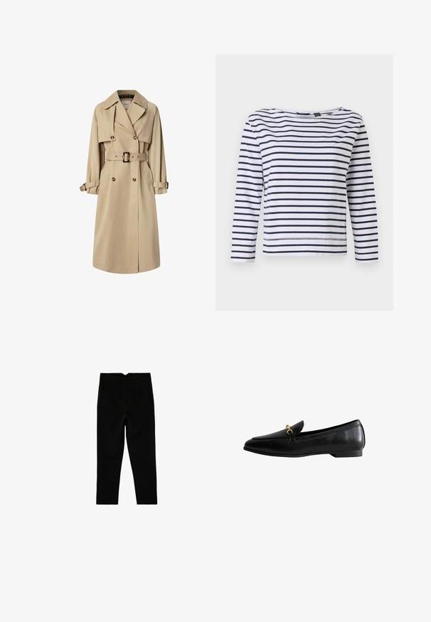 Beige trenchcoat in een katoenmix; dubbel gevoerd ontwerp met grote knopen, ceintuur in de taille en klepzakken; beschikt over een geruite voering.; Gestreepte lange mouwen top in wit en marineblauw, met een bootnek en een ontspannen pasvorm. Gemaakt van zacht katoen met gestikte zomen.; Zwarte op maat gemaakte broek tot aan de enkel met zijzakken en een licht taps toelopende pijp, plat liggend op een witte achtergrond.; Zwarte leren loafers met een spitse neus, voorzien van een gouden sluiting. De schoen heeft een lage hak en een gladde textuur.