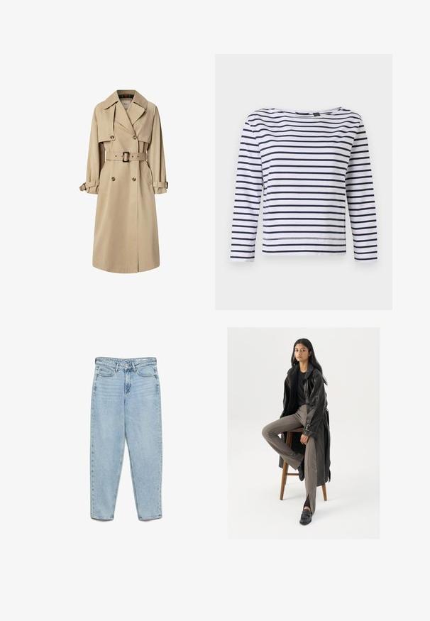 Trench coat beige en mezcla de algodón; diseño de doble botonadura con botones grandes, cintura ceñida con cinturón y bolsillos tipo solapa; cuenta con un forro a cuadros.; Top de rayas de manga larga en blanco y azul marino, con escote barco y un corte relajado. Fabricado en suave material de algodón con dobladillos cosidos.; Vaqueros de mezclilla azul claro de cintura alta con bolsillos delanteros, trabillas para cinturón, cierre de botón y piernas cónicas sobre un fondo blanco.; Abrigo de trench de cuero negro con botones y detalle de cinturón, combinado con pantalones ajustados de color marrón claro y mocasines negros, sentado en un taburete de madera.