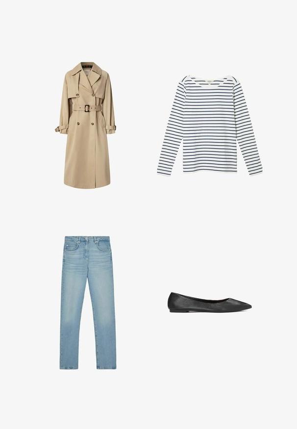 Trench coat beige en mezcla de algodón; diseño de doble botonadura con botones grandes, cintura ceñida con cinturón y bolsillos tipo solapa; cuenta con un forro a cuadros.; Camisa blanca de manga larga con franjas horizontales en azul marino. Presenta un escote barco ancho y tela de algodón suave. Diseño sencillo con puños acanalados.; Vaqueros azul claro de tiro alto y pernera recta, con bolsillos delanteros y de moneda, cierre frontal con botones y sutil desgaste en los muslos.; Bailarinas de cuero negro con punta afilada, textura suave y suela plana. Diseño minimalista sin herrajes o acentos visibles.