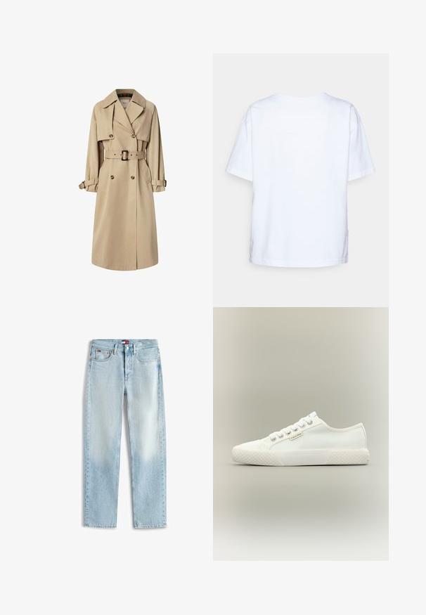 Beige Trenchcoat aus Baumwollmix; doppelt geknöpftes Design mit großen Knöpfen, tailliertem Gürtel und Klappentaschen; verfügt über ein karierter Innenfutter.; Einfaches weißes Kurzarm-Baumwoll-T-Shirt, von hinten auf einem hellgrauen Hintergrund gezeigt.; Hellblaue, gerade geschnittene Jeans mit fünf Taschen, Reißverschluss und einem kleinen Tommy Hilfiger Logo auf dem vorderen Bund und der Münztasche.; Weißer Low-Top Canvas-Sneaker mit strukturierter Gummisohle, weißen Schnürsenkeln und kleinem Calvin Klein-Label an der Seite.