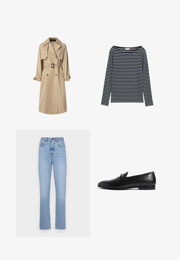 Trench coat beige en mezcla de algodón; diseño de doble botonadura con botones grandes, cintura ceñida con cinturón y bolsillos tipo solapa; cuenta con un forro a cuadros.; Camisa de manga larga a rayas en azul marino y blanco con un escote ancho, hecha de un material suave, que presenta rayas horizontales de igual tamaño.; Jeans de mezclilla azul claro con un diseño de pierna recta, cintura alta y estilo clásico de cinco bolsillos. Presenta una textura suave y un ligero desgaste.; Scarosso ALESSANDRA - Zapatos sin cordones - black calf