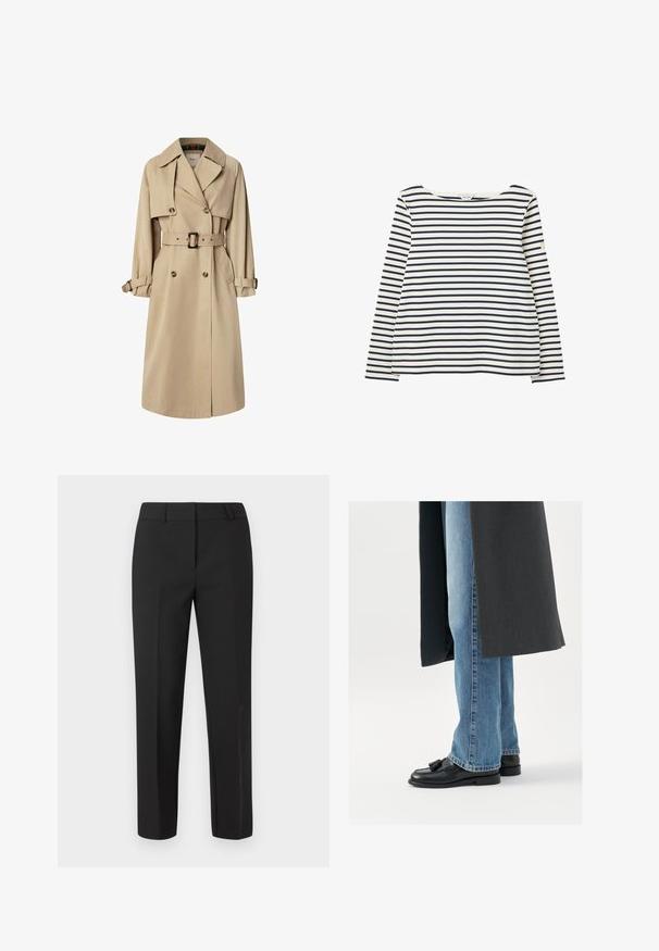 Beige trenchcoatti, joka on valmistettu puuvillasekoitteesta; kaksirivinen malli suurilla napilla, vyötäröllä vyö ja läppäpocketit; sisältää ruudullisen vuoren.; Valkoinen pitkähiha-paita, jossa vaakasuorat tummansiniset raidat ja pyöreä pääntie, laitettu tasaisesti valkoiselle taustalle.; Mustat räätälöidyt suorat housut, joissa on suora lahjetakki, tasainen edusta ja ei näkyviä koristeluita. Valmistettu sileästä kankaasta, jossa on rapsakka viimeistely.; Mustat nahkakengät tupsuilla, yhdistetty vaaleansinisiin suoriin farkkuihin, jotka on täydentänyt tummanharmaa takki. Siistit linjat ja teksturoitu kangas.