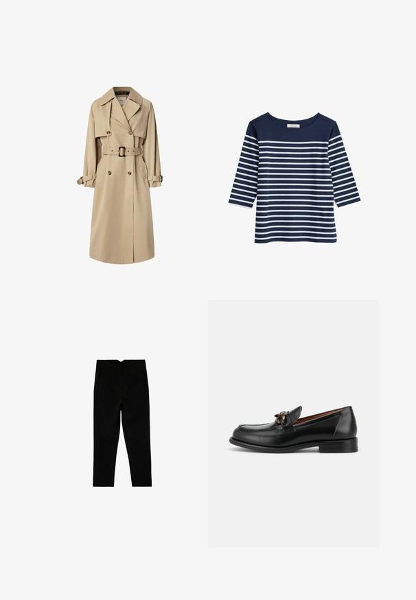 Trench coat beige en mezcla de algodón; diseño de doble botonadura con botones grandes, cintura ceñida con cinturón y bolsillos tipo solapa; cuenta con un forro a cuadros.; Top de algodón azul marino con mangas 3/4, con rayas blancas horizontales. Cuello redondo y corte relajado. Textura suave.; Pantalones negros a medida hasta el tobillo con bolsillos laterales y pierna ligeramente entallada, mostrados extendidos sobre un fondo blanco.; Mocasín de cuero negro con tacón bajo, puntera redondeada y detalle decorativo de hebilla metálica en la parte delantera.