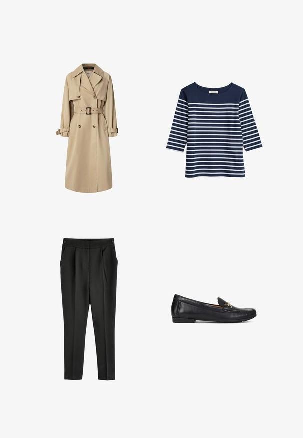 Trench coat beige en mezcla de algodón; diseño de doble botonadura con botones grandes, cintura ceñida con cinturón y bolsillos tipo solapa; cuenta con un forro a cuadros.; Top de algodón azul marino con mangas 3/4, con rayas blancas horizontales. Cuello redondo y corte relajado. Textura suave.; Pantalones negros con corte a medida, cinturilla, pliegues frontales y bolsillos laterales. Fabricados en tejido suave, con un diseño de pierna recta y sin patrones visibles.; Mocasín negro de cuero con detalle metálico dorado, tacón bajo y diseño de puntera mocasín cosida, mostrado de perfil sobre fondo blanco.