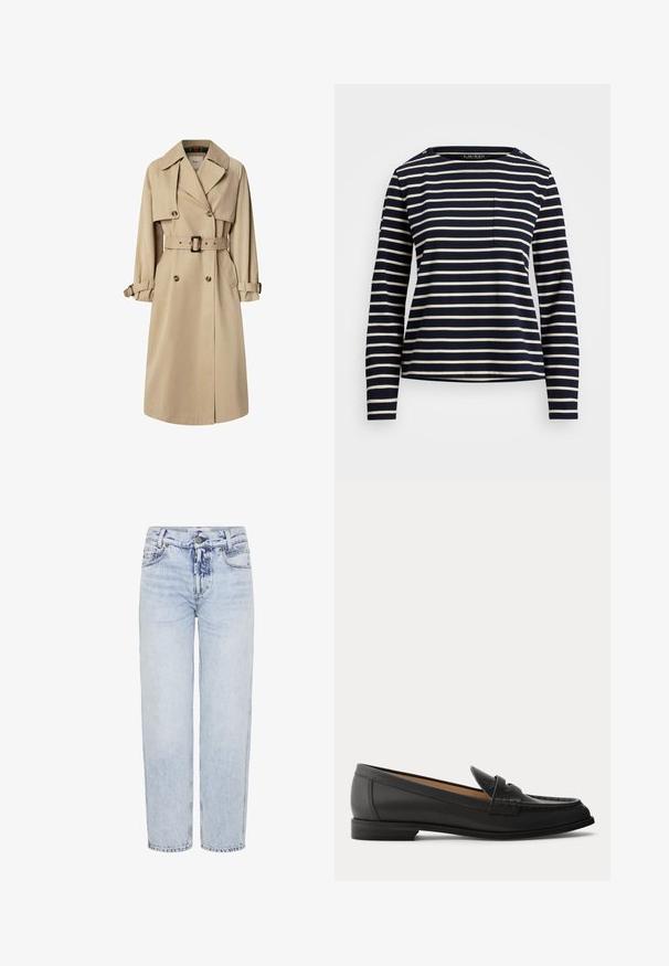 Beige trenchcoat in een katoenmix; dubbel gevoerd ontwerp met grote knopen, ceintuur in de taille en klepzakken; beschikt over een geruite voering.; Marineblauw langemouwshirt met witte horizontale strepen, een ronde hals en een klein borstzakje. Beschikt over knoopaccenten op de schouder.; Lichtblauwe, hoge taille jeans van denim; recht gesneden met voorzakken, een knoopsluiting en minimale vervaging.; Zwarte leren damesslof met lage hak, afgeronde neus en gestikte details op het bovenwerk, van opzij getoond tegen een effen achtergrond.