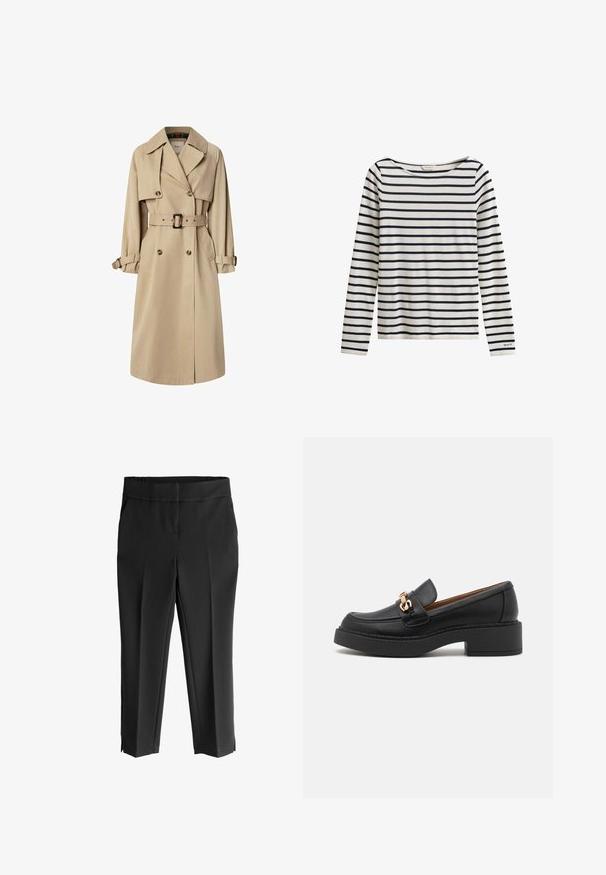 Beige trenchcoat i bomuldsblanding; dobbeltbrystet design med store knapper, bælte i taljen og klaplommer; har en ternet foring.; Hvid skjorte med lange ærmer, navyblå vandrette striber og et lille "GANT"-logo på venstre ærmekant.; Sorte cropped bukser med bred talje, der har en glat tekstur, tapered ben og sideslids i kanten for ekstra detalje.; Sort læderloafer med en kraftig platformsål, der har et guldbelagt kædeaccent og synlige sømdetaljer. Glat tekstur og strømlinet design.