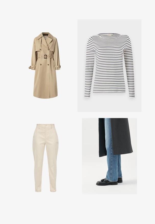 Beige Trenchcoat aus Baumwollmix; doppelt geknöpftes Design mit großen Knöpfen, tailliertem Gürtel und Klappentaschen; verfügt über ein karierter Innenfutter.; Langärmliges gestreiftes Hemd aus weichem Stoff, mit navy- und weißen horizontalen Streifen, runder Halslinie und schlanker Passform.; s.Oliver MIT TAPERED LEG - Chino - beige; Schwarze Leder Slipper mit Quasten, getragen mit hellblauen geraden Jeans, ergänzt durch einen dunkelgrauen Mantel. Klare Linien und strukturierter Stoff.