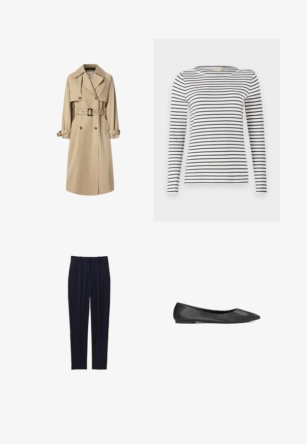 Beige trenchcoat i bomuldsblanding; dobbeltbrystet design med store knapper, bælte i taljen og klaplommer; har en ternet foring.; Langærmet stribet skjorte lavet af blødt stof, med marineblå og hvide vandrette striber, rund halsudskæring og en slim-fit design.; Sorte skræddersyede bukser med bæltestropper og en slank, lige ben pasform mod en hvid baggrund.; Sorte læder ballet flade med spids tå, glat overflade og flad sål. Minimalistisk design uden synligt hardware eller detaljer.