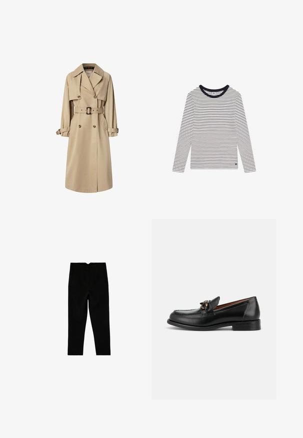 Beige Trenchcoat aus Baumwollmix; doppelt geknöpftes Design mit großen Knöpfen, tailliertem Gürtel und Klappentaschen; verfügt über ein karierter Innenfutter.; Langärmliges Shirt in Weiß mit marineblauen horizontalen Streifen. Mit einem runden Ausschnitt und einem kleinen Logo am unteren linken Saum. Weicher Stoff.; Schwarze, maßgeschneiderte, knöchellange Hose mit Seitentaschen und leicht zulaufendem Bein, flach auf weißem Hintergrund ausgelegt.; Schwarzer Lederloafer mit niedrigem Absatz, runder Spitze und dekorativer Metallschnalle vorne.