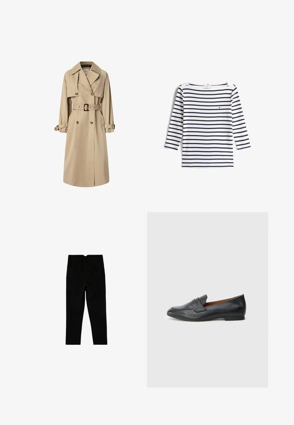 Beige trenchcoat i bomuldsblanding; dobbeltbrystet design med store knapper, bælte i taljen og klaplommer; har en ternet foring.; Hvid langærmet skjorte med mørkeblå vandrette striber og et lille rødt, hvidt og blåt logo på venstre bryst.; Sorte skræddersyede ankelkorte bukser med sidelommer og let tilspidset ben, vist fladt på en hvid baggrund.; Sort læderloafers med rundet tå, diskrete syningsdetaljer og flad hæl. Glat tekstur med enkelt silhuet.