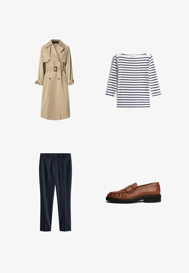 Trench-coat beige en mélange de coton ; conception croisée avec de grands boutons, taille ceinturée et poches à rabat ; présente une doublure à carreaux.; Chemise blanche à manches longues avec des rayures horizontales bleu marine et un petit logo rouge, blanc et bleu sur la poitrine gauche.; Pantalons formels bleu marine avec une texture lisse, coupe droite, passants de ceinture et poches latérales. Présente un design minimaliste, adapté à diverses occasions.; Mocassins en cuir marron avec une texture lisse, bout arrondi, détail de sangle à l'avant et petit talon en caoutchouc noir.