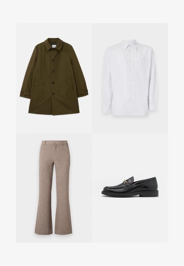 Manteau vert olive avec un col classique, fermeture à boutons sur le devant, deux poches latérales et poignets ajustables. Tissu doux avec une silhouette structurée.; Chemise à rayures en tissu léger, dotée d'une poche poitrine, de manches longues et d'un col, dans des tons de bleu clair et de blanc.; Pantalons évasés beiges en tissu texturé, avec fermeture éclair et poches latérales pour plus de fonctionnalité. Design ajusté.; Mocassins en cuir noir avec un embout rond, présentant des accents en métal doré et des détails de couture, montés sur une semelle en caoutchouc texturé et basse.