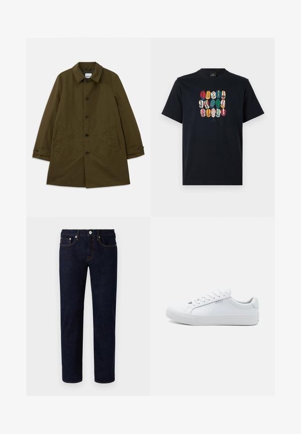 Olivenfarvet frakke med klassisk krave, knaplukning foran, to sidelommer og justerbare manchetter. Glat stof med en struktureret silhuet.; Sort bomulds T-shirt med et farverigt grafisk motiv af forskellige læber i forskellige mønstre og farver på foran. Rund halsudskæring, korte ærmer.; Mørkeblå jeans i denim med lige ben-design, der har orange syninger, fem lommer og en frontknaplukning.; Hvide lædersneakers med en glat overflade, lavt design, rund tå og flad gummisål. Udstyret med flade snørebånd og minimal branding.