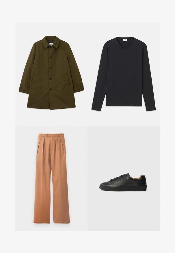 Olivenfarvet frakke med klassisk krave, knaplukning foran, to sidelommer og justerbare manchetter. Glat stof med en struktureret silhuet.; Sort langærmet T-shirt med V-halsdesign, lavet af blødt stof, med lige snit og ingen synlige mønstre eller accenter.; Tan brede bukser med flad front, folder og en enkelt knaplukning i taljen. Glat tekstur og fuldlængde design.; Sorte lavtop lædersneakers med tekstureret overflade, sorte snørebånd og tyk gummisål, vist fra siden på en lys baggrund.