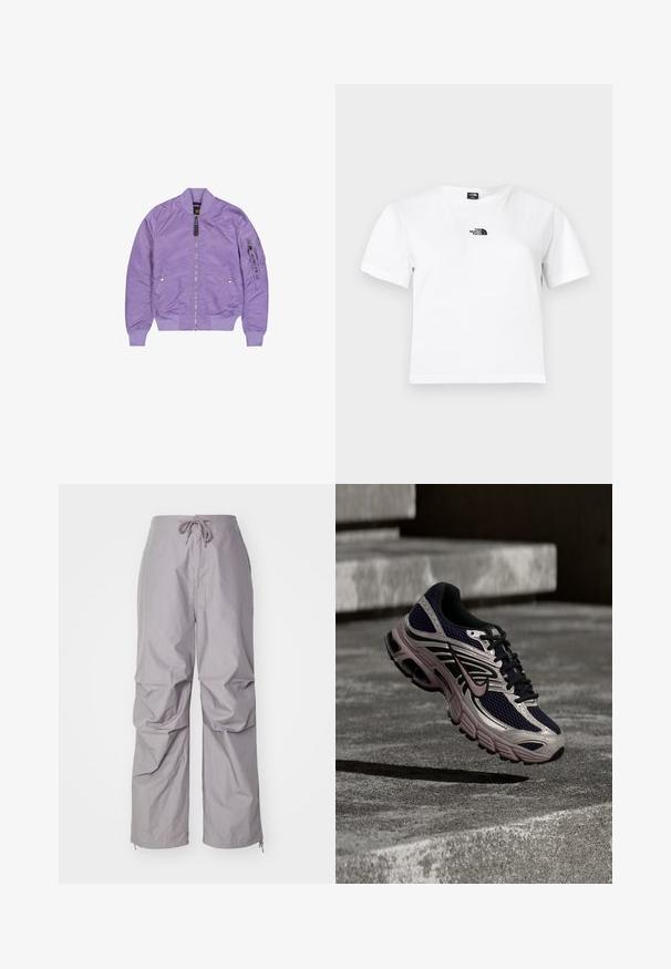 Veste bomber violet lavande avec fermeture éclair frontale, deux poches à bouton-pression, poignets et ourlet côtelés, et poche à fermeture éclair sur la manche avec étiquette "Remove Before Flight".; T-shirt en coton blanc à manches courtes, col rond, avec un logo noir The North Face sur la poitrine. Design simple et épuré.; Pantalons gris amples en tissu léger, dotés d'une taille à cordon de serrage et de bas resserrés avec des zippers. Fini texturé.; Chaussure de course Nike noire et grise avec des accents roses, survolant une surface en béton et des marches dans un environnement extérieur ombragé.